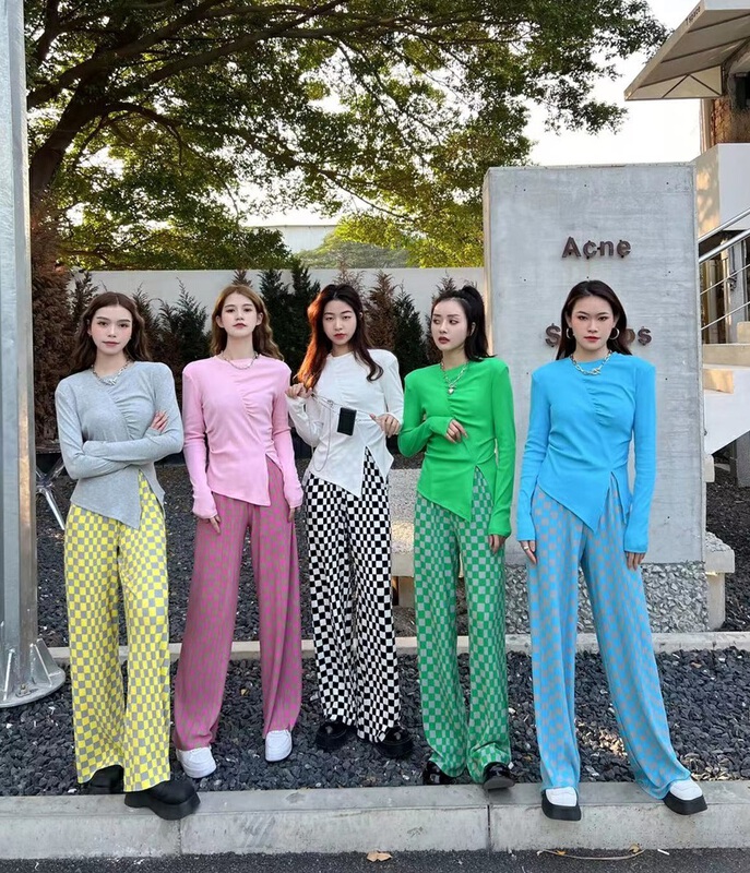 Five colors! [Anan] elastic waist contrast checkerboard casual pants 20521# zxx