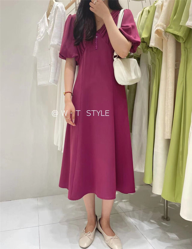 New in early summer! [wt] bubble sleeve temperament V-neck dress a9031# HBx