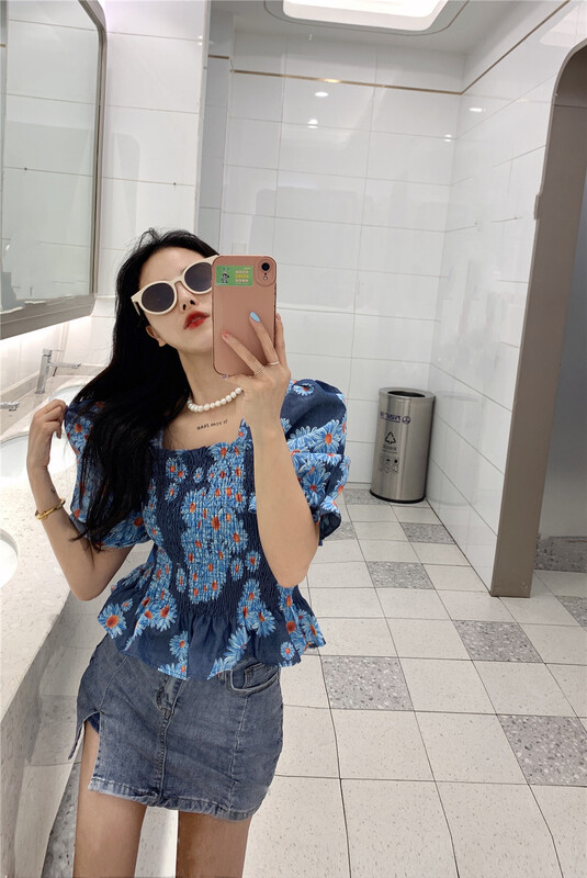 [goblin] French style square neck bubble sleeve slim fit floral blouse 9561# lwy