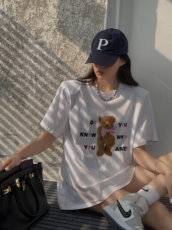 [Wu / u] Korean bear letter printed loose Pullover short sleeve T-shirt w512# LSL