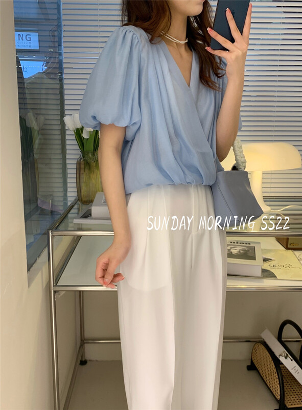 In early summer! [Sunday morning] V-neck crimping soft wind short shirt 6958\zsy