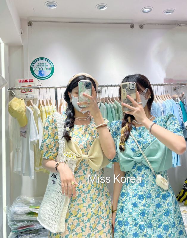 [Miss Korea] floral pleated Crew Neck Dress (bow can't be removed) 6675# HBx