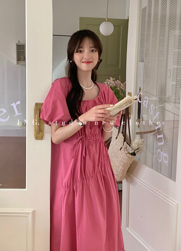 New in early summer! [ing] design sense drawstring lace up waist slim bubble sleeve dress 6967# HBx