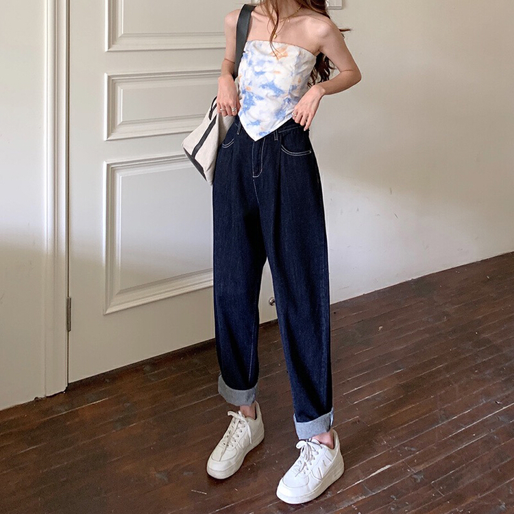 The original price is 95.88! New year in early spring! [timely rain] Han Feng ins Beige straight tube high waist versatile loose wide leg pants jeans b2870# jhy