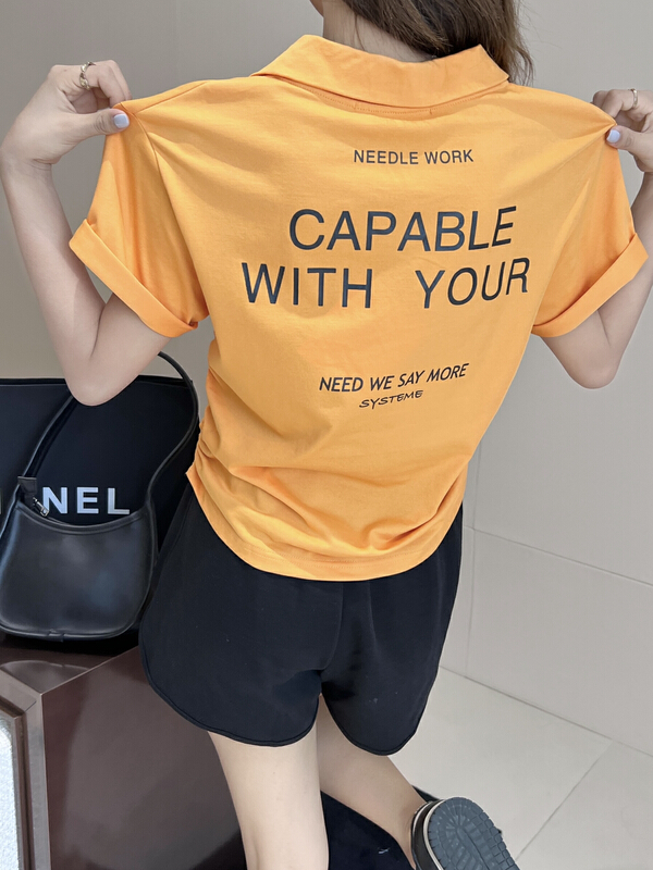 [qixuan'er] Korean polo collar front and back printed drawstring short sleeve T-shirt 2686# LSW