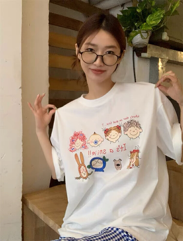 [miss Xi Xi] Hong Kong Style Korean chic white cartoon print chic age reducing short sleeve T-shirt 1386# Cl
