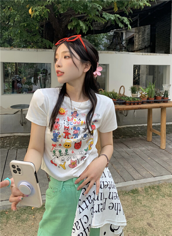 New in early summer! [timely rain] Han Feng ins sweet and cute cartoon short sleeved T-shirt (short sleeved only) 64339# WPL