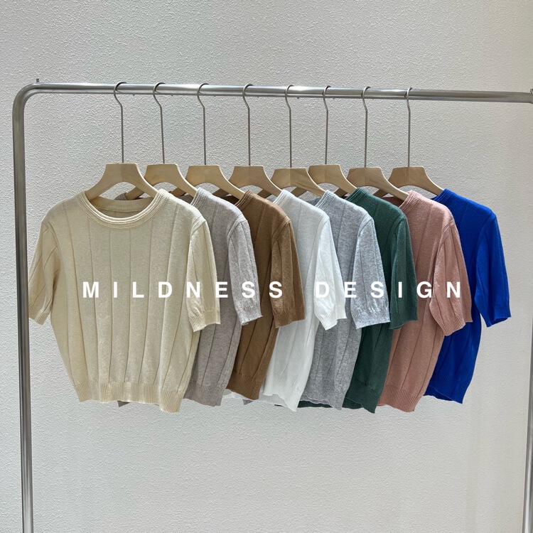 goods in stock! [mildness] simple short sleeve pit stripe sweater (content 8% wool) 8071# ZSY