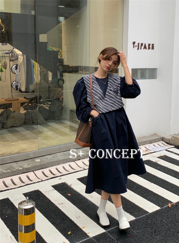 [S +] Korean Bubble Sleeve Dress + striped label vest two piece suit 8009# cqw