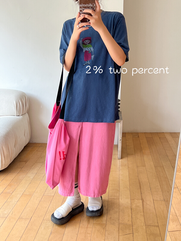 [two percent] red hat girl versatile fashion short sleeve T-shirt 1018# LSL