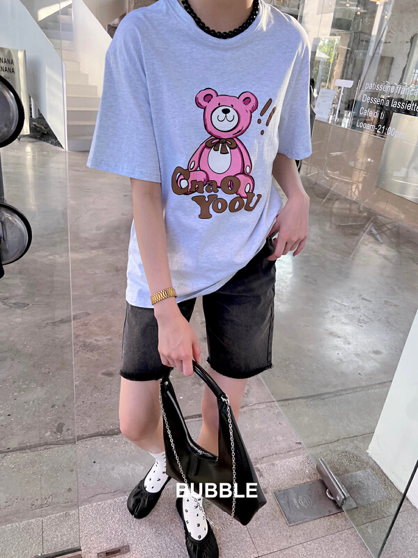 goods in stock! [bubble] casual back design cartoon printed bear short sleeve T-shirt 22t077# ozq