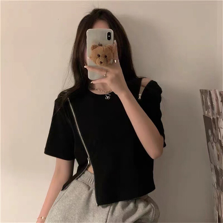 [SYC] Korean zipper design short sleeved T-shirt 22153# cqw