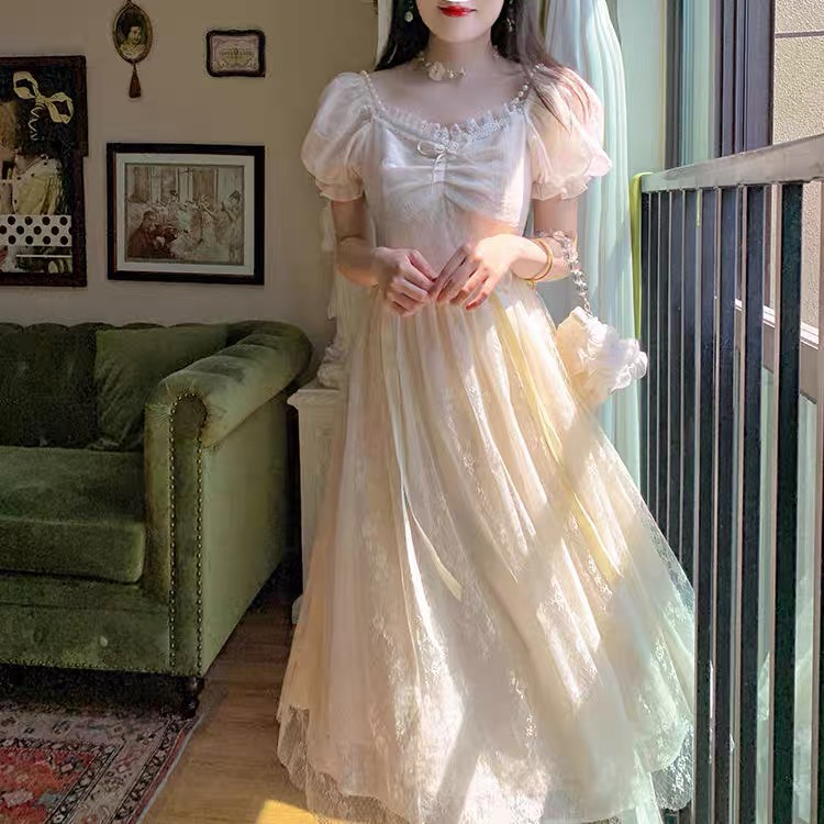 New in early summer! [Yingying new clothes] French fairy Lace Waist closing slim dress (with removable shoulder straps) 7143# Cl