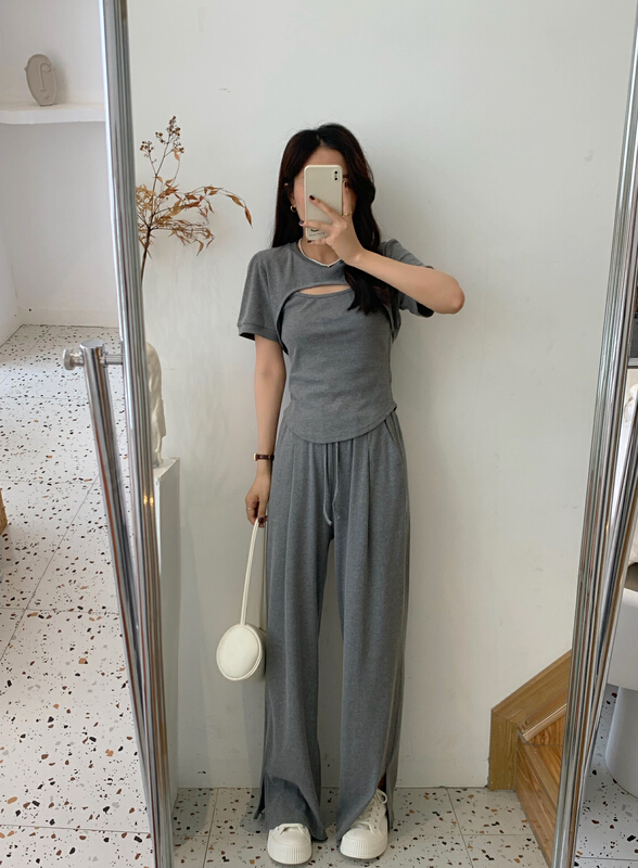 [victory. 2] simple suspender Vest + short sleeved T-shirt + casual pants three piece suit v201# WPL