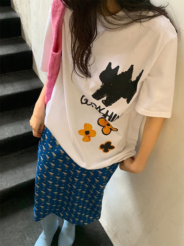 [wgwe] printed design, small and loose, with short sleeve T-shirt 1228# PCZ inside
