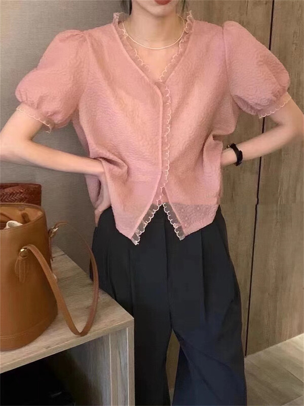 [hi] Korean sweet V-neck bubble sleeve shirt 9738# hjy