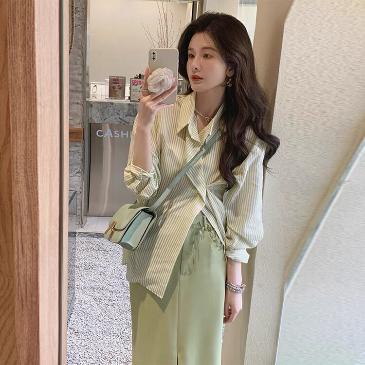 [Huaxi] Korean versatile striped shirt + high waist solid color skirt suit 8688# PCZ