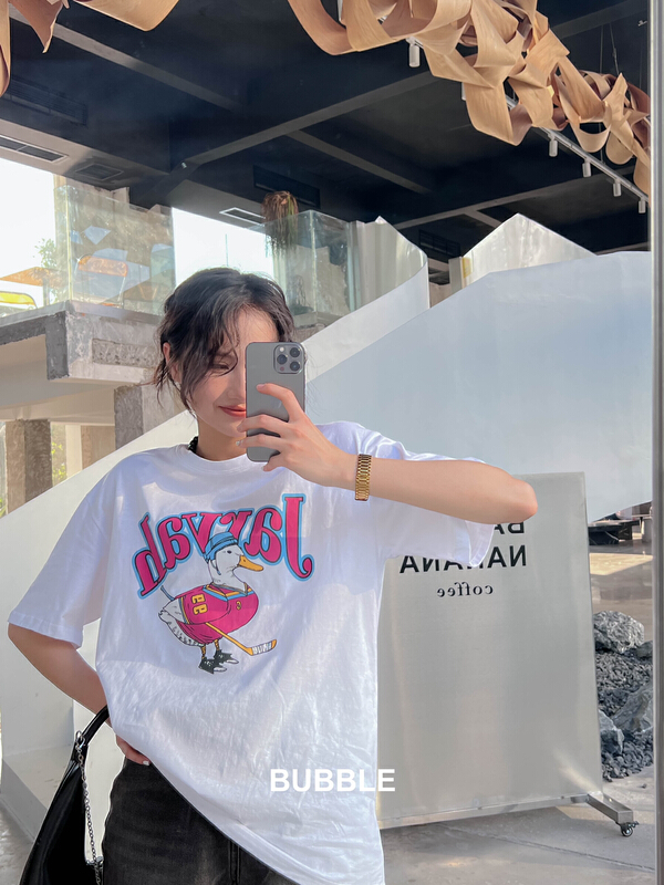 [bubble] Korean cartoon ice hockey suit duck letter printed short sleeve T-shirt 22t074# ozq