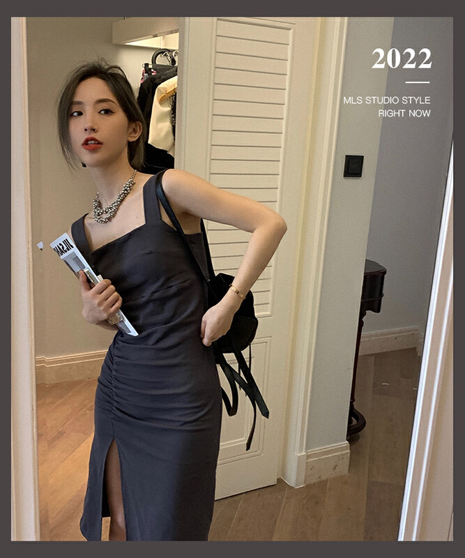 [y.jia EJA] sexy hot girl pleated slit suspender dress ys3-5602# PCZ
