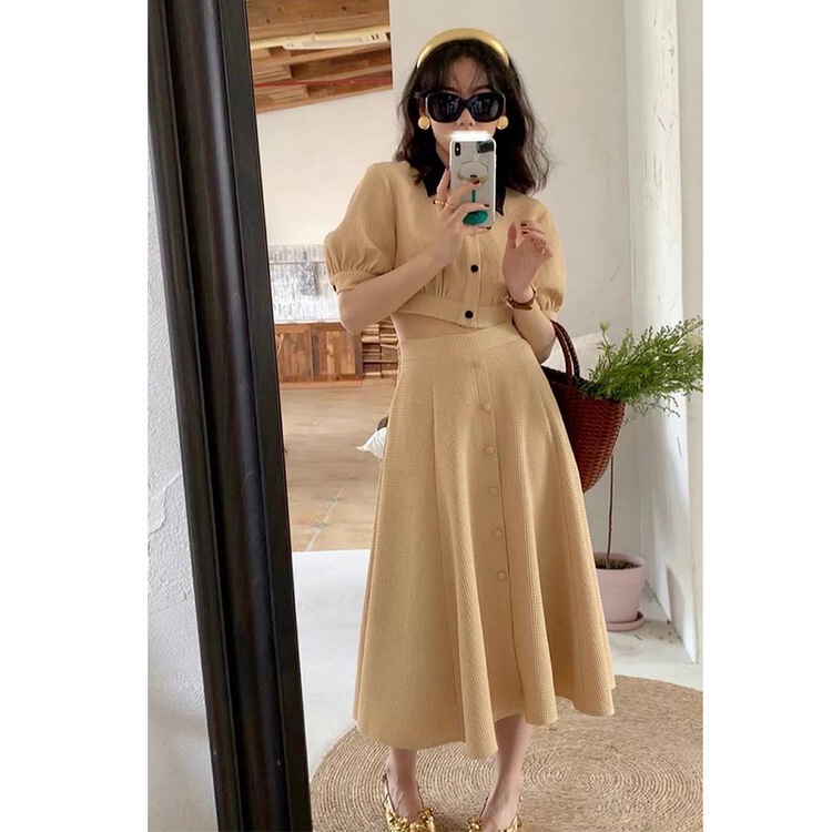 [Sumi] Korean color contrast collar shirt + breasted skirt suit 22585# zjy