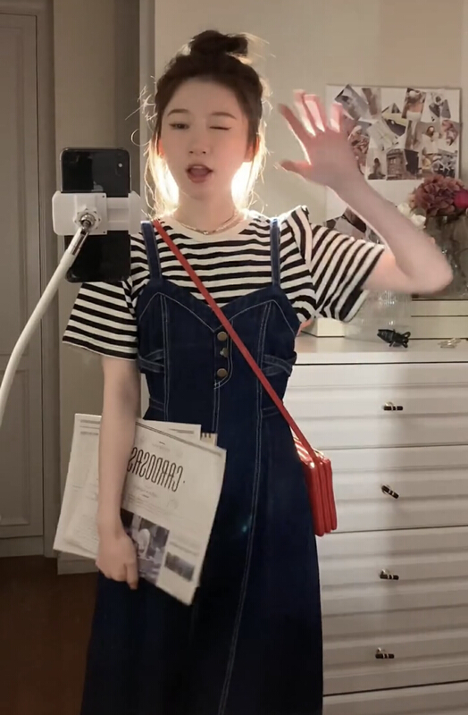 New year in early spring! [RM. HH] crew neck stripe short sleeve T-shirt + denim suspender dress set 7097# PCZ
