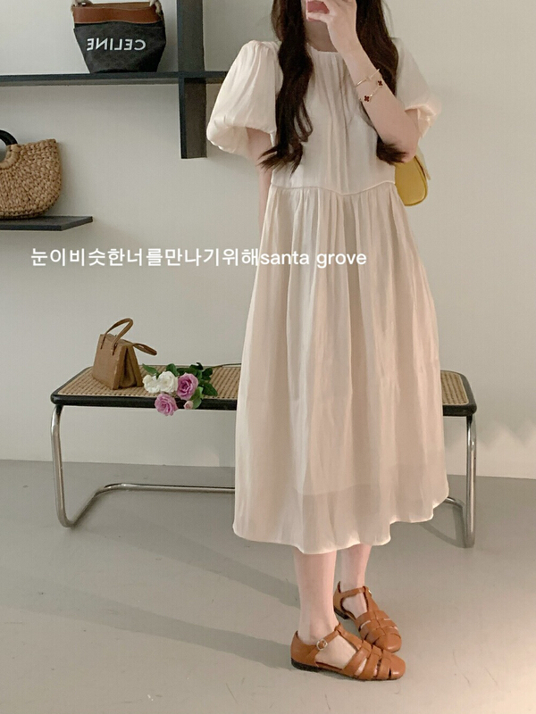 [spinach family] round neck bubble sleeve solid dress (excluding necklace) 6962# HBx