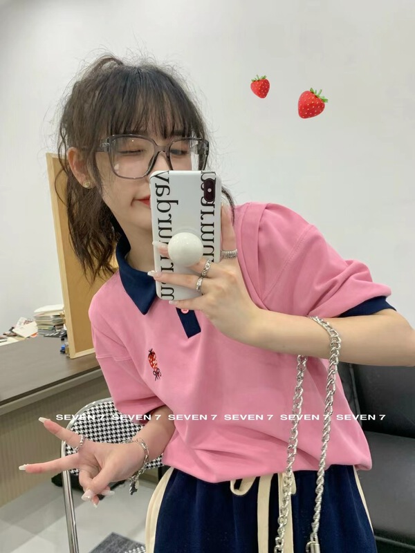 [seven 7] Korean strawberry embroidery Pullover short sleeve T-shirt 8198# WTT