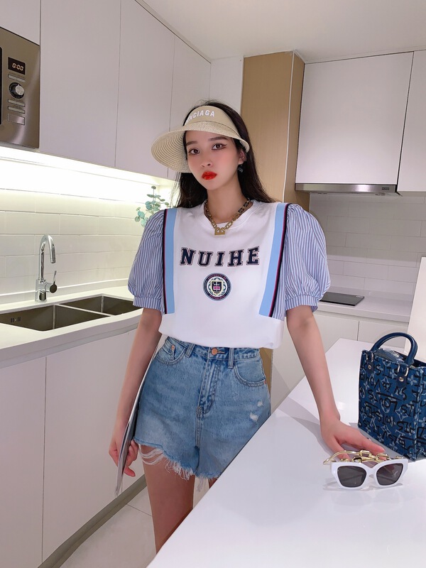 [shuilifang] letter stripe Korean Short Sleeve T-shirt 9110# LSL