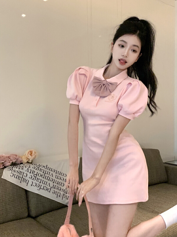 [Doudou family] bubble sleeve waist closing bow A-line dress (with tie) 88289# CLS