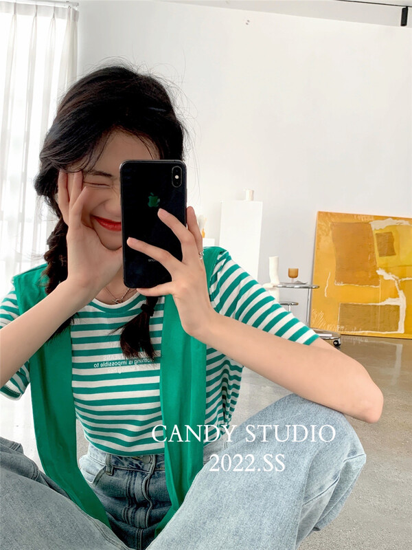 [candy] Korean color contrast stripe loose fake two piece short sleeve T-shirt 3307# zjy