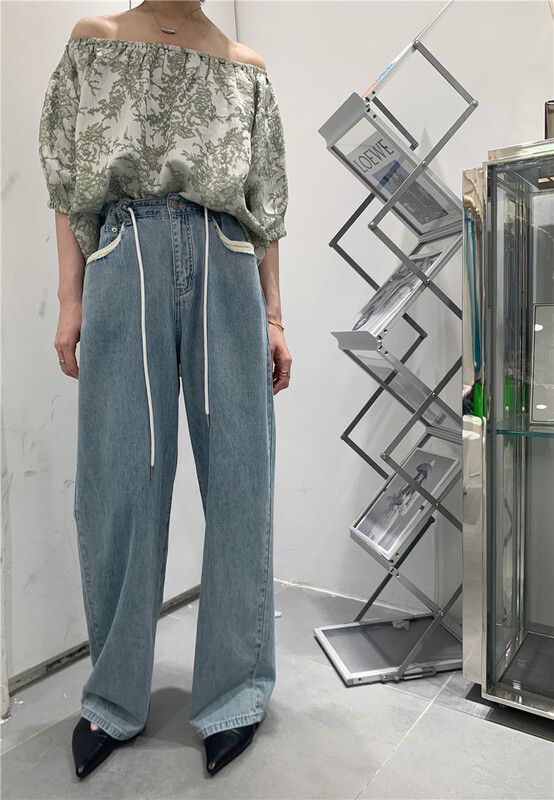 [t-platform] Korean style drawstring straight leg versatile jeans 8371# zxx