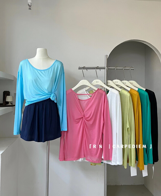 [R n] Korean loose and versatile knot backless design long sleeved sunscreen shirt 81080# ll