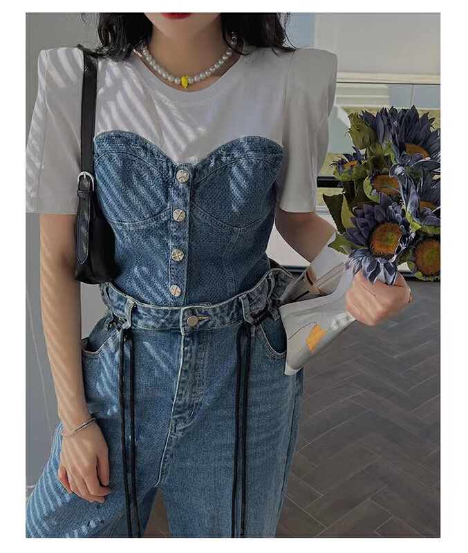 [top] Korean jeans stitched short shirt 2059# zjy