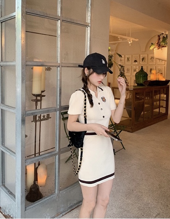 [savage] Korean version foreign style Lapel contrast color sweater + high waist A-line skirt set e8228# WPL