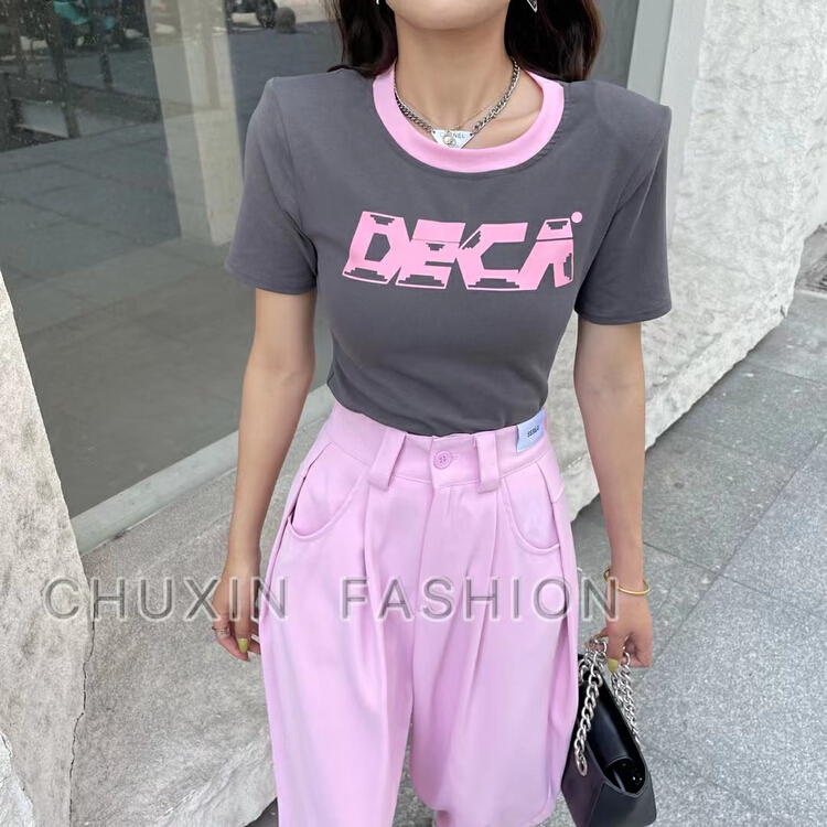[c.x Chuxin] slim and versatile letter printed short sleeve T-shirt 6112# WTT