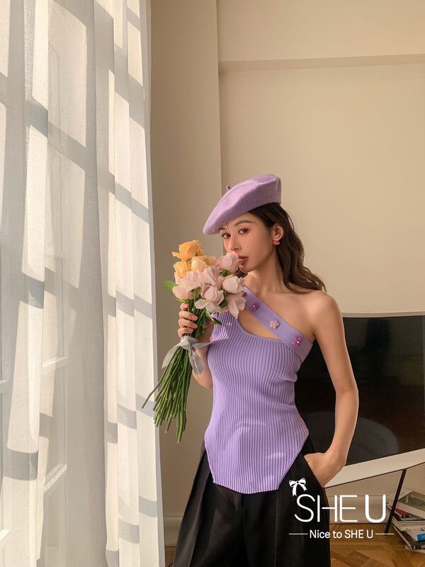 Original price 62.04! [she u] pure color diagonal shoulder floret knitted vest / sling c80103# cqw