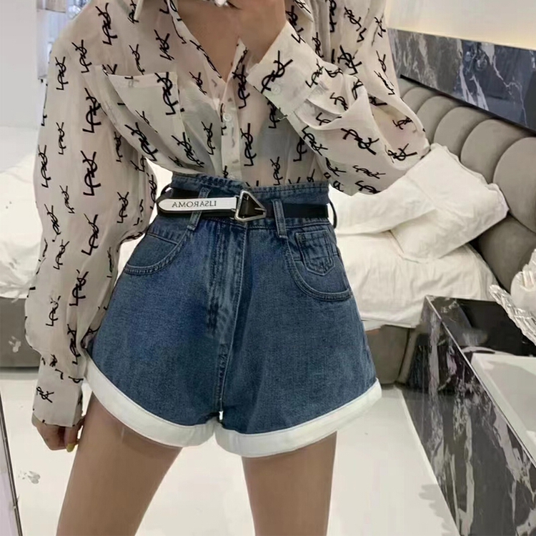 [AI x2 denim] Korean style hem color blocking casual denim shorts (with belt) 6170# hjy