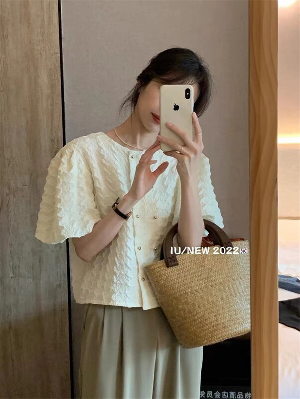 [IU] French double breasted jacquard bubble sleeve shirt 6810# WPL