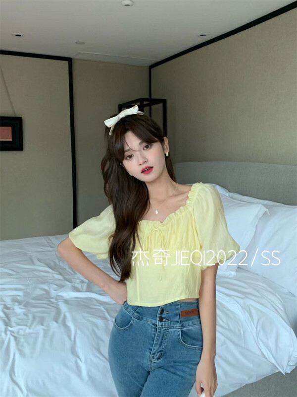 [Jieqi] Korean style square neck wood grain short shirt 88552# zxx