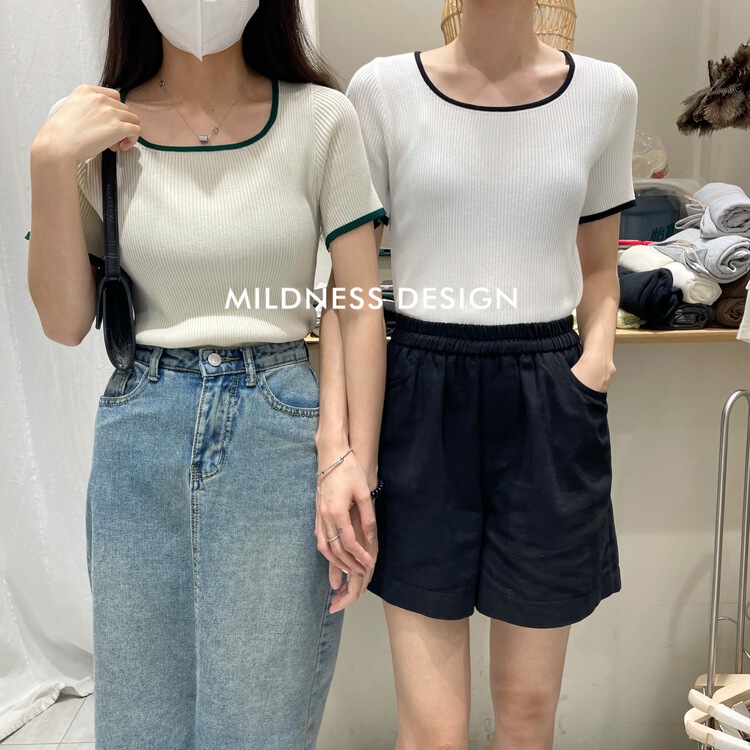 [mildness] Korean color matching edge square neck slim fitting ice silk short sleeve sweater 22196# zjy