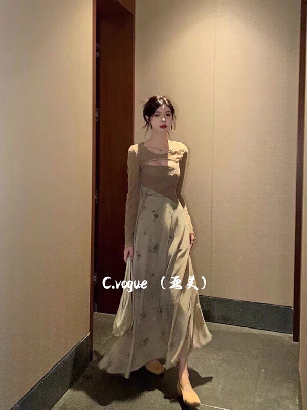 [c.vogue] French ink painting halo dyeing irregular splicing suspender dress 2313# PCZ