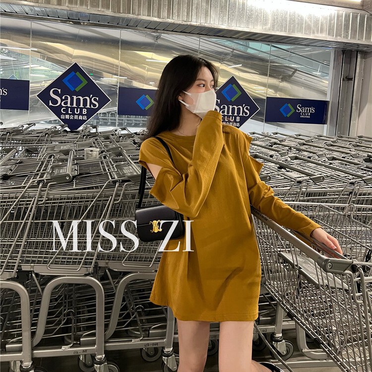 [miss Zi] Korean solid color casual off shoulder long sleeve T-shirt 2328# cqw