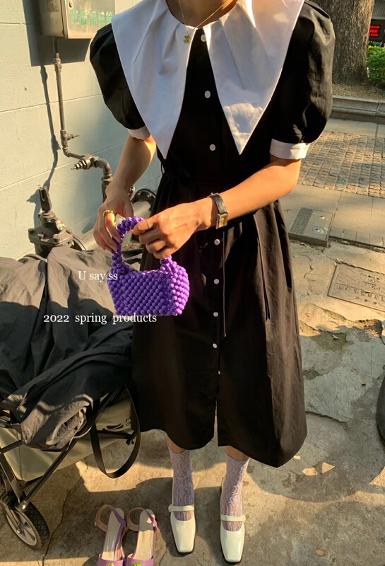 Spot! New in early summer! "U SAY" Korean high-grade doll collar contrast foreign style royal elder sister slim dress (with waist rope) 65635# LSL