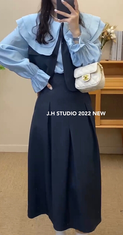 [JH] net red solid Vest + baby collar Tencel shirt + suit material half suit (suit only) 41291# PCZ