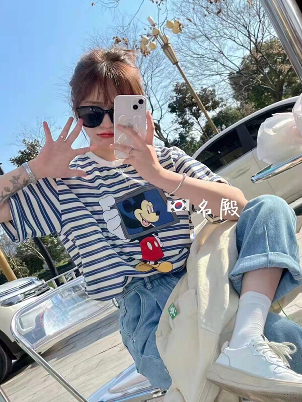 Original price 37.22! New in early summer! [GL] contrast collar print Mickey stripe versatile short sleeve T-shirt 6206# XYY
