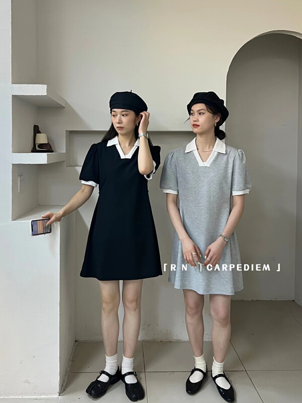 [R n] Korean contrast Polo neck loose and thin short sleeve dress 80969# ll