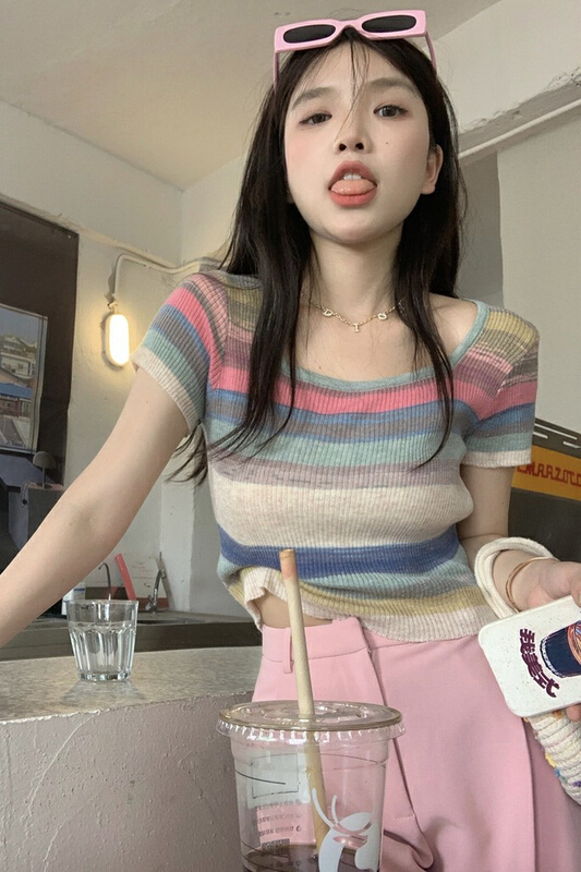 [blue show] Korean style square neck color stripe short sleeve sweater 6126# LSW
