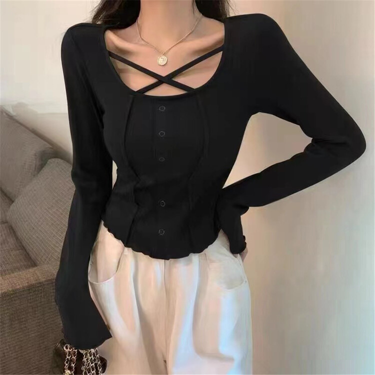 [SME +] temperament solid color cross decoration short shirt 8888# CSX