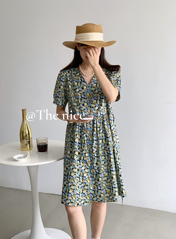 [the nice] French V-neck vintage floral dress a60016# hjy