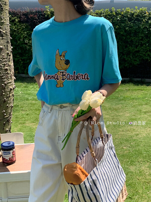 [naisijia] retro and versatile cartoon printed loose Pullover short sleeve T-shirt 9975# zjy